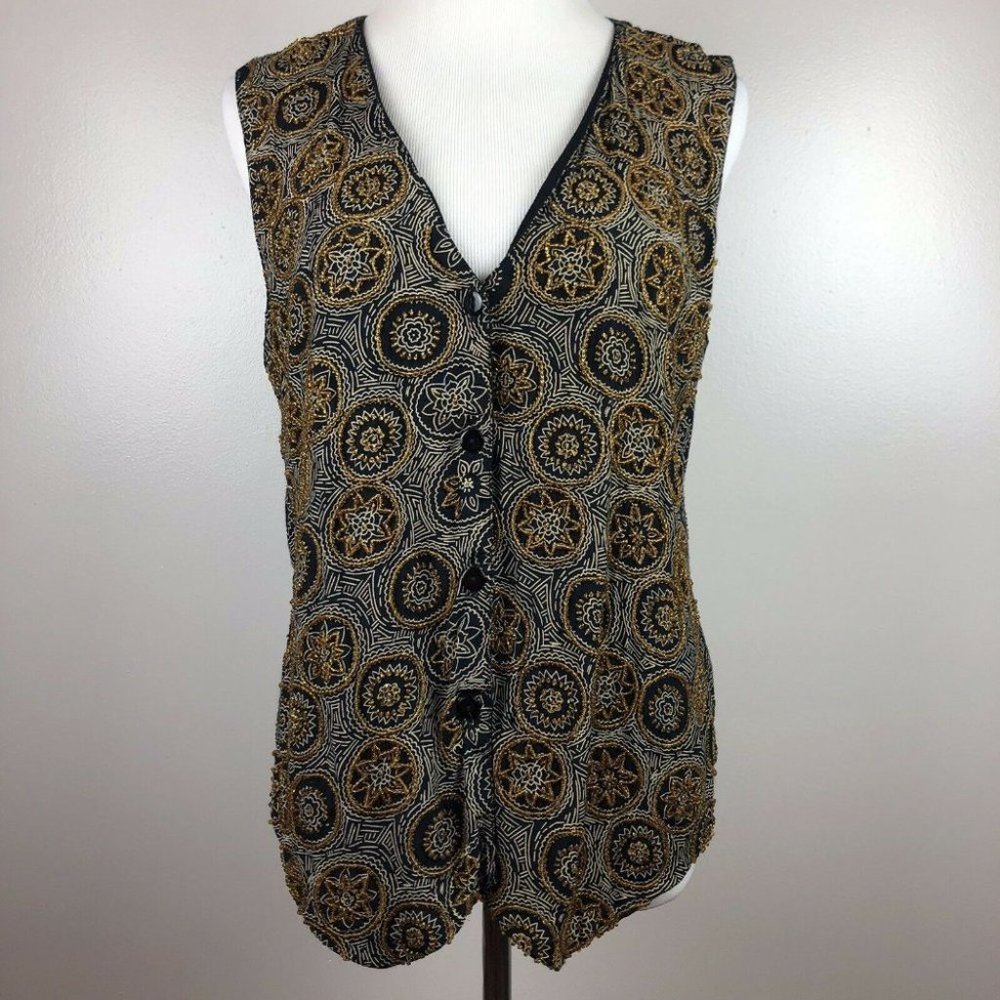 Vintage HG NY Vest Beaded Medallion Print Button‎ Down Black Gold Womens